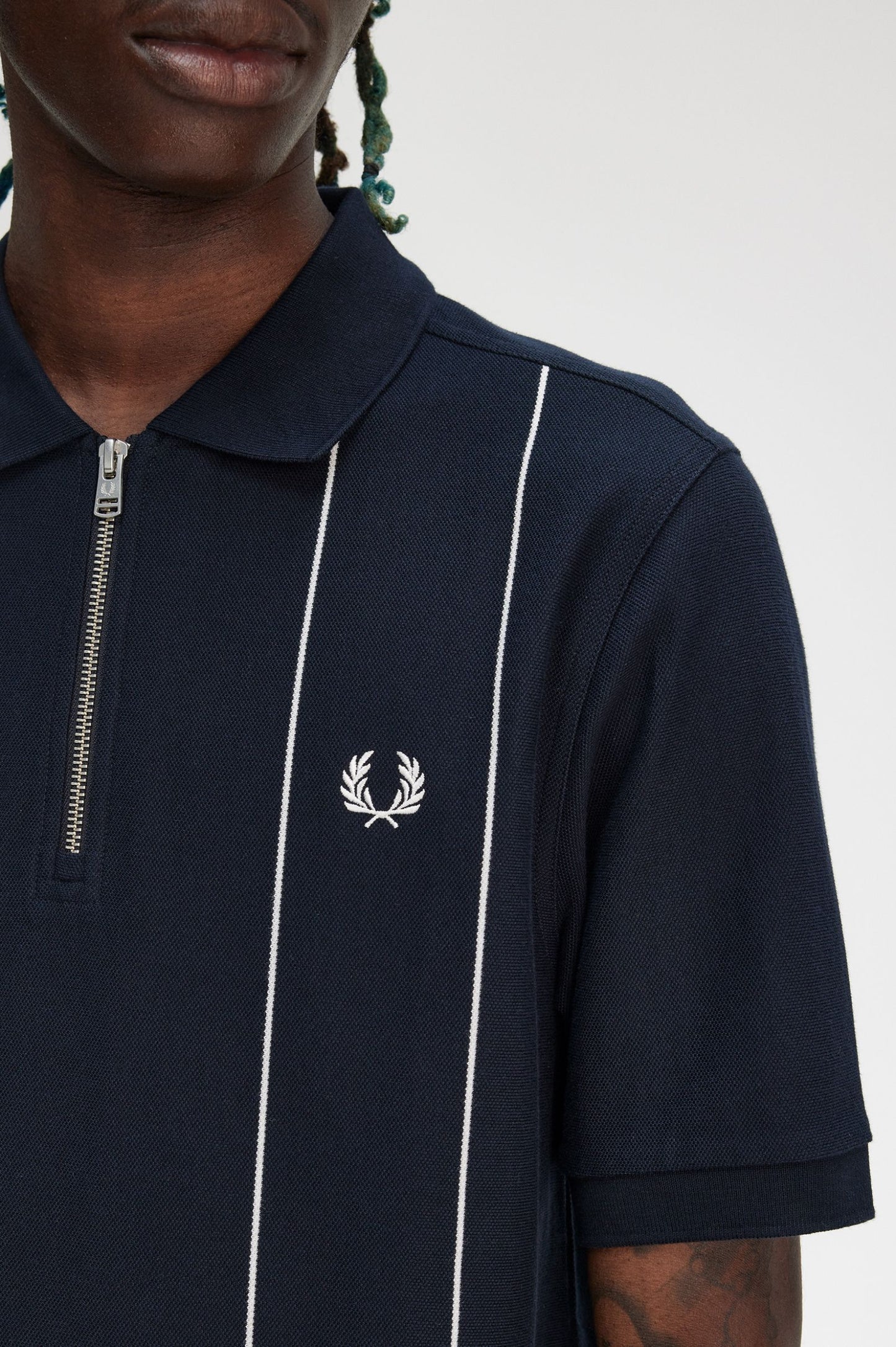 Fred Perry M9871 Pinstripe Zip Neck Polo Shirt - Navy