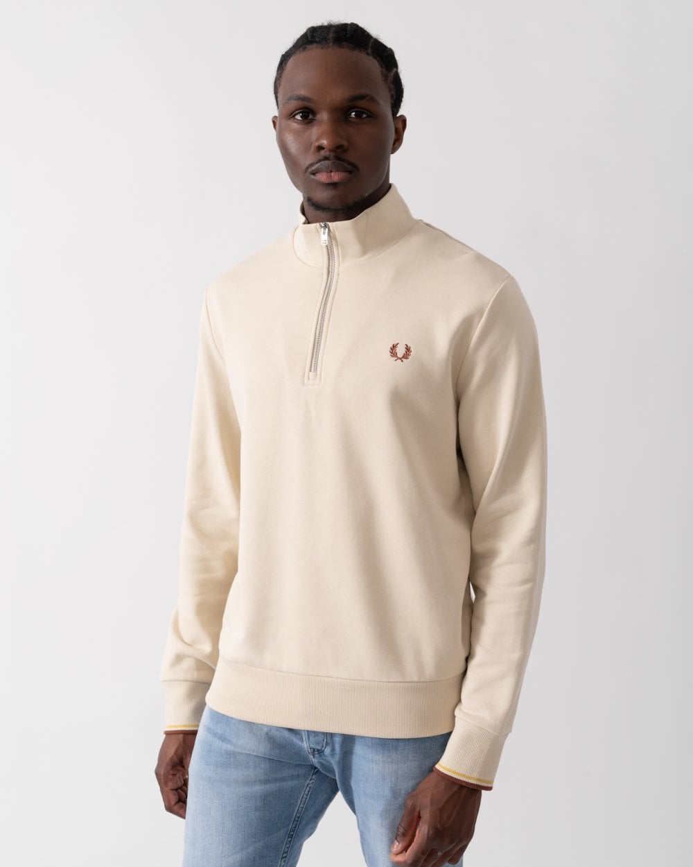 Fred Perry Half Zip Sweatshirt - Oatmeal/Whiskey Brown