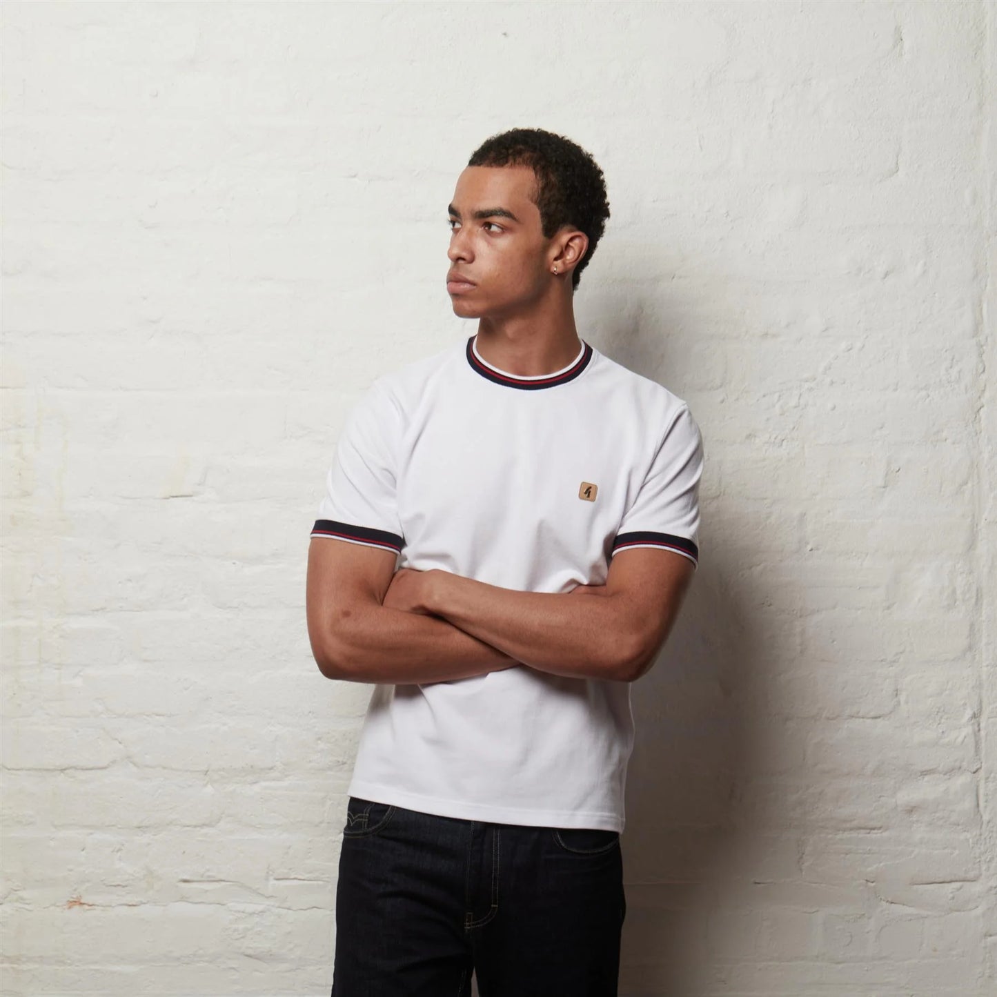 Gabicci Perry Short Sleeve Pique Ringer Crew Tee Vintage - White