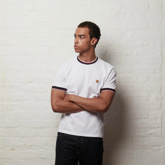 Gabicci Perry Short Sleeve Pique Ringer Crew Tee Vintage - White