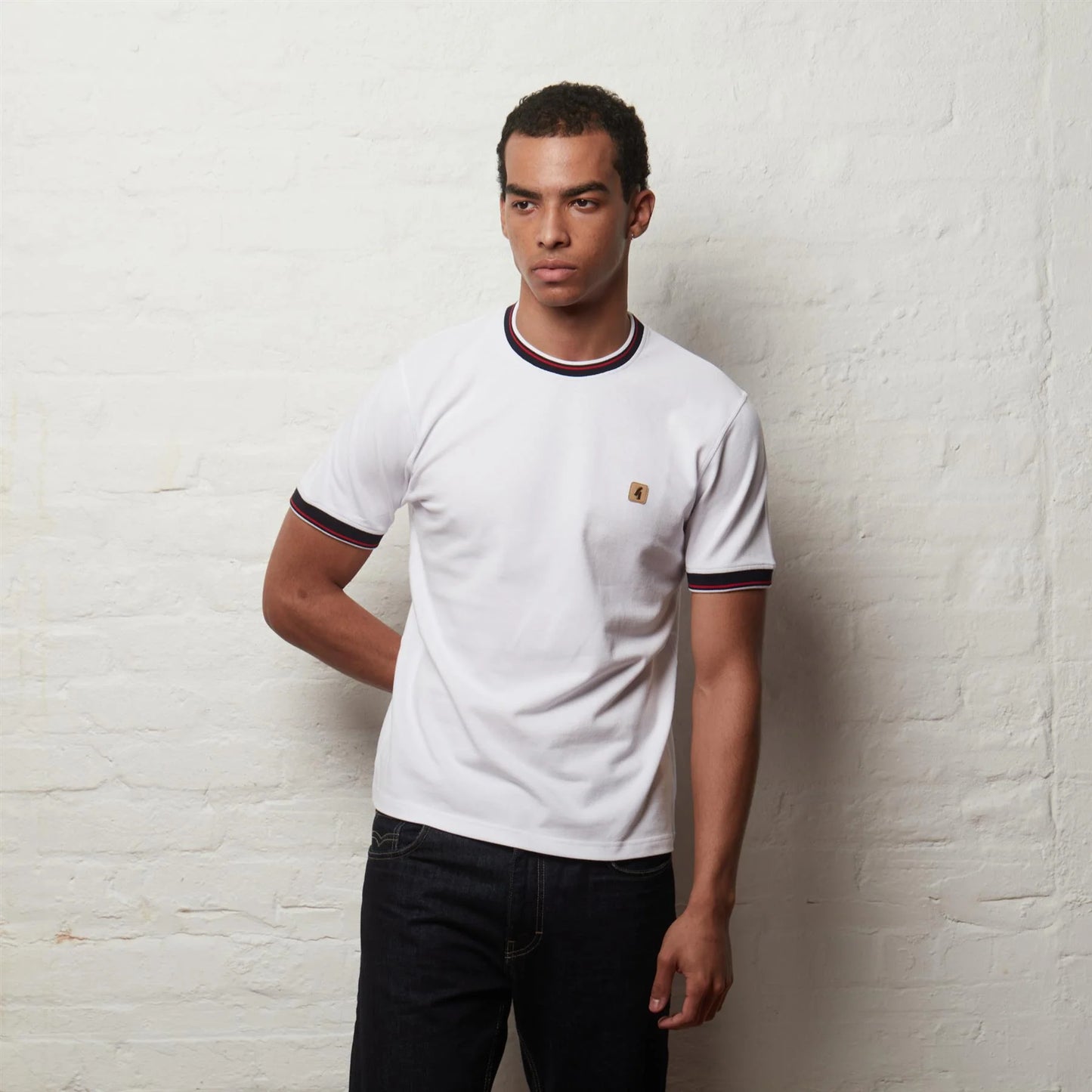 Gabicci Perry Short Sleeve Pique Ringer Crew Tee Vintage - White