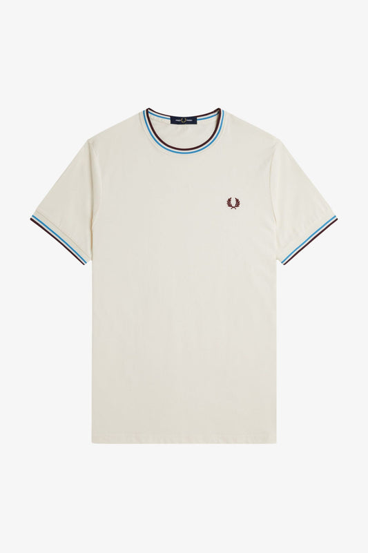 Fred Perry M1588V Twin Tipped T-Shirt - Ecru/Court Blue/Oxblood