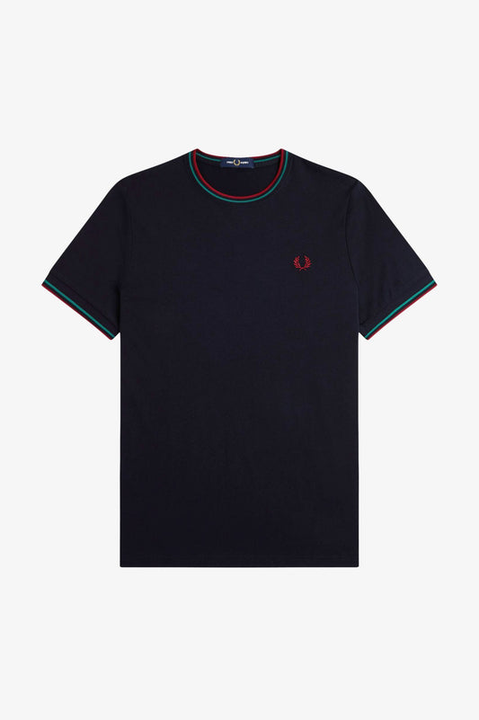 Fred Perry M1588V Twin Tipped T-Shirt - Navy/Sport Green/Burnt Red