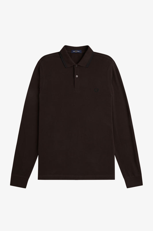 Fred Perry M3636 Long Sleeve Twin Tipped Polo Shirt - Rich Brown/Black/Black