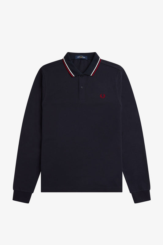 Fred Perry M3636 L/S Twin Tipped Polo Shirt - Navy/Snow White/Burnt Red