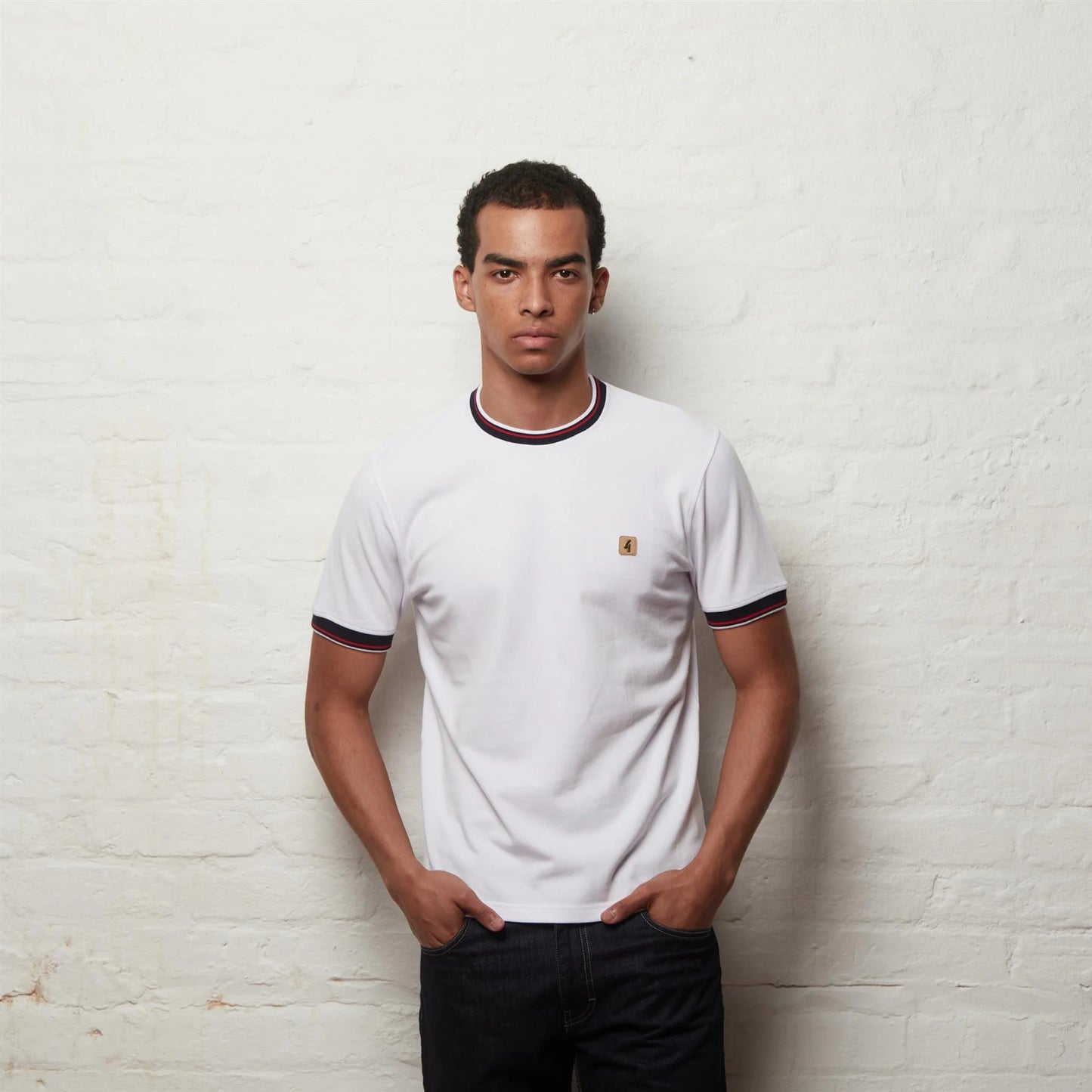 Gabicci Perry Short Sleeve Pique Ringer Crew Tee Vintage - White